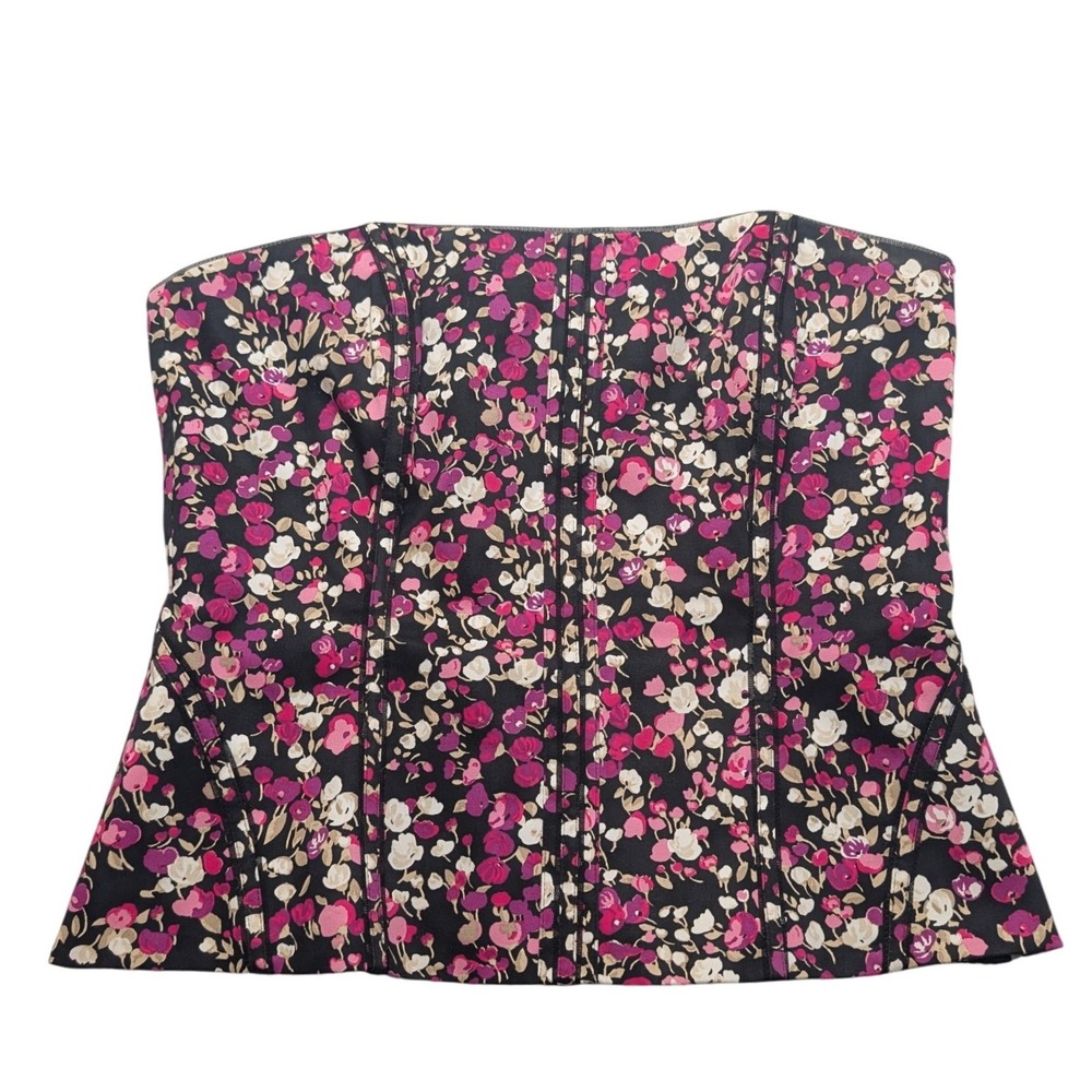 White House Black Market Corset Top Womens 8 Black Pink Floral Strapless Bustier